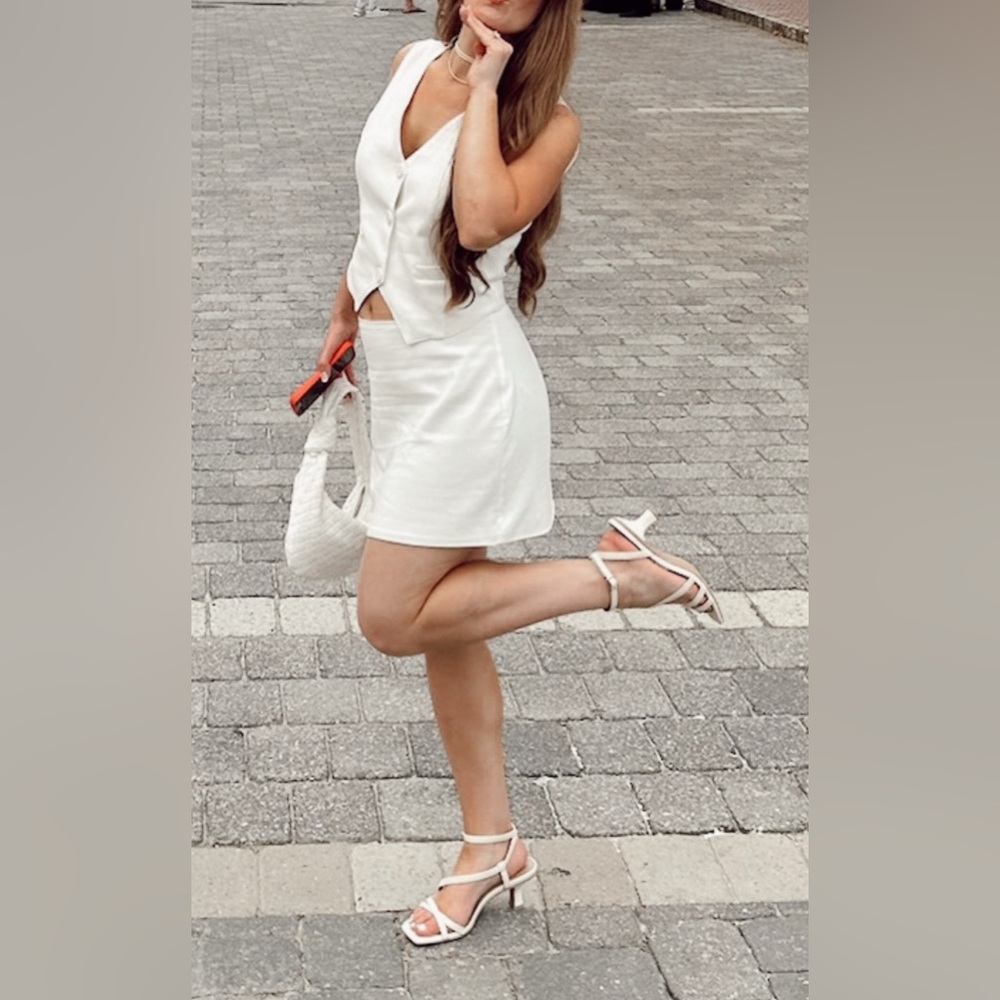 Linen Vest Mini Skirt Matching Set White Bridal Bachelorette Party Classy Brunch